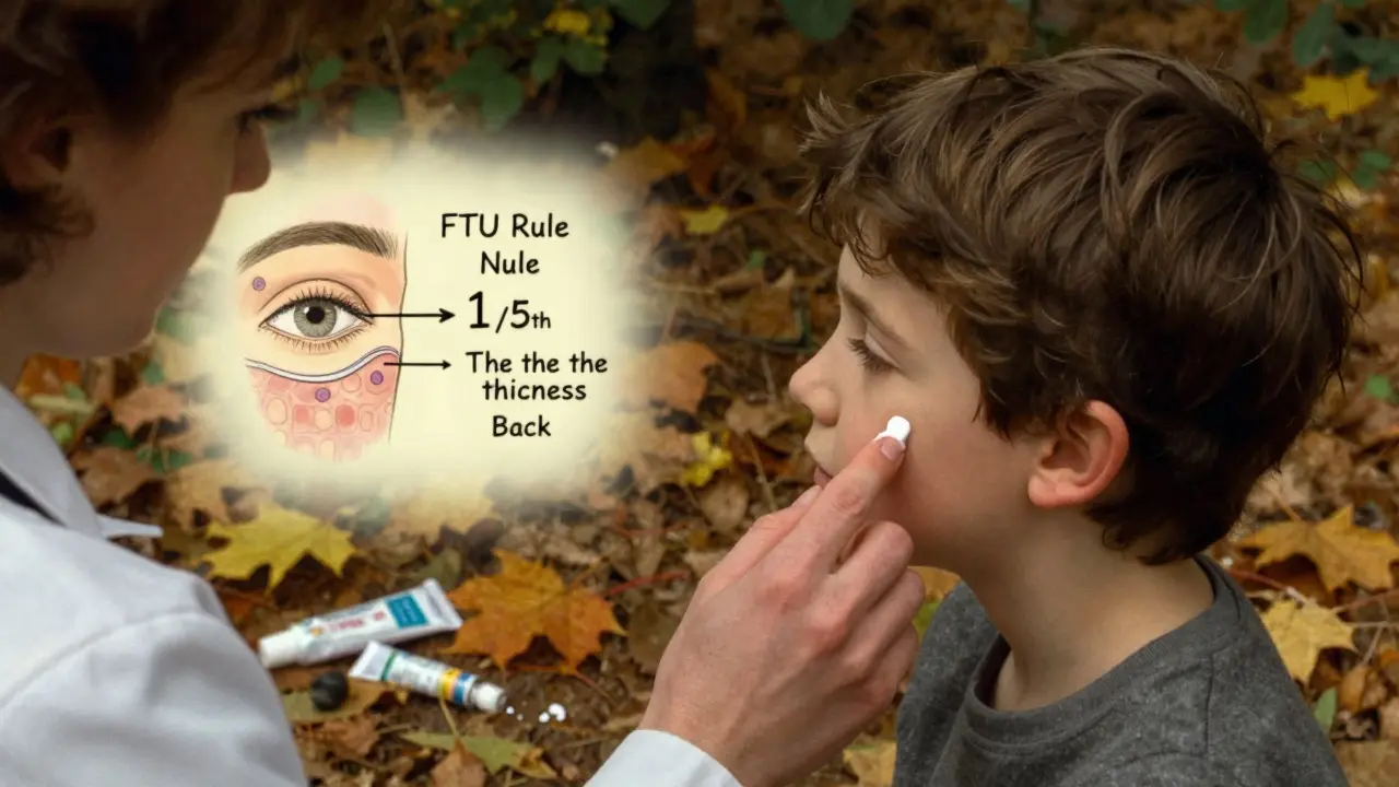 A mother applies a small amount of cream to her child’s face, guided by a doctor, with a fingertip unit infographic glowing nearby.