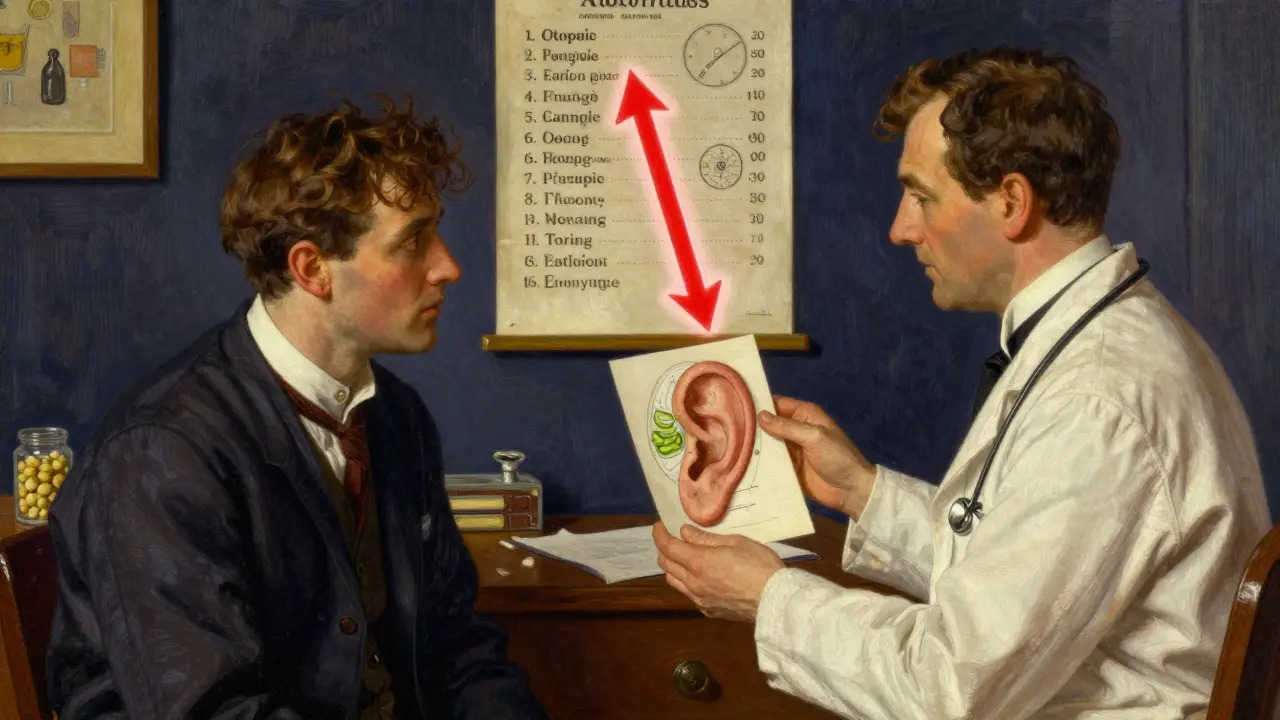 A patient and audiologist examine an ear diagram with a list of ototoxic drugs on the wall, rendered in rich, textured illustration style.