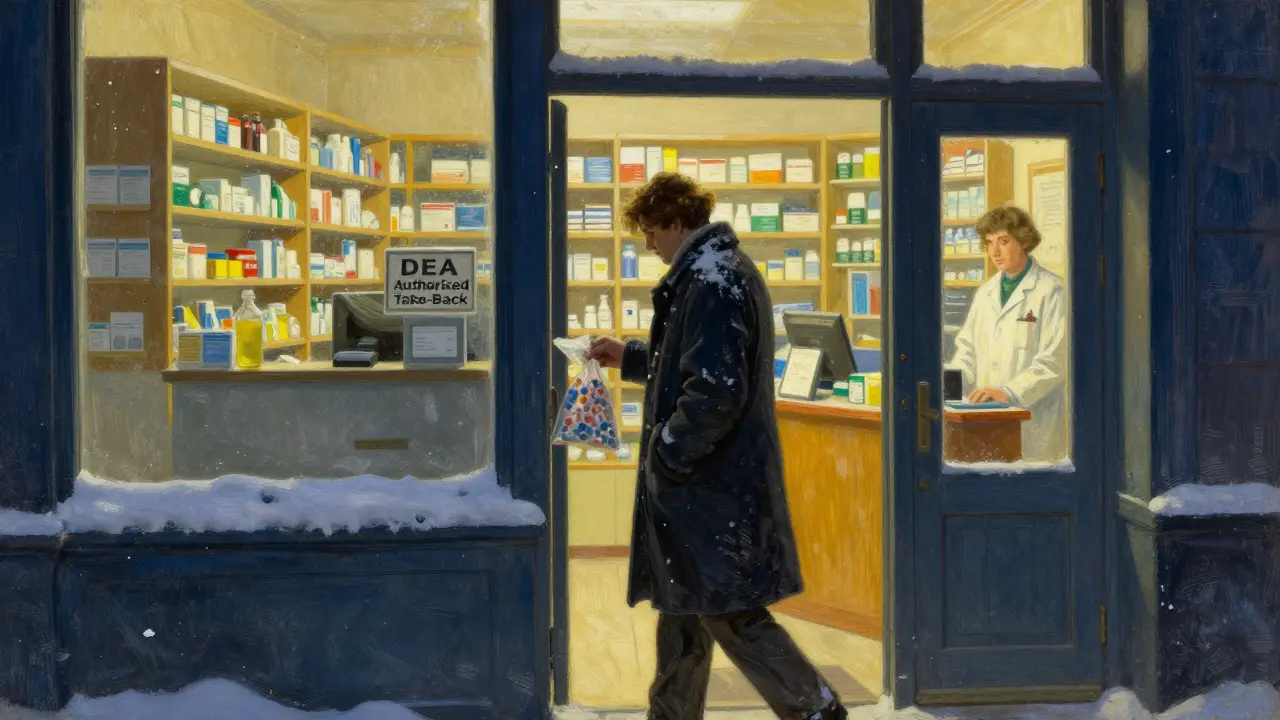 A person drops off medications at a pharmacy's DEA-authorized take-back kiosk at dusk, with warm light glowing inside.