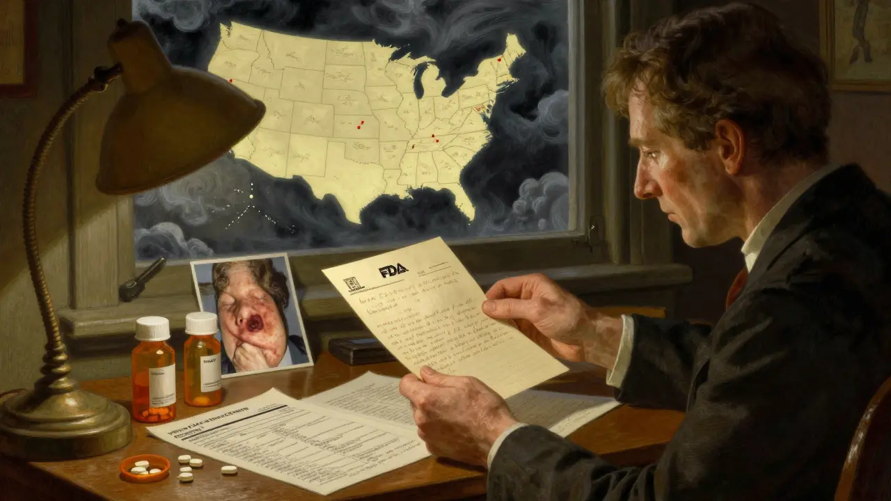 A person mails a medication error report, surrounded by evidence under a lamplight.