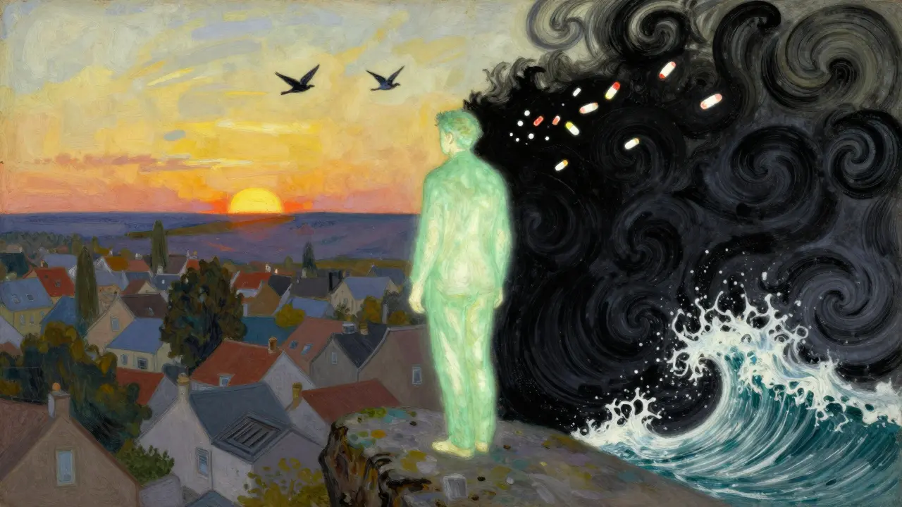 A person stands on a cliff, one side healthy and vibrant, the other darkened by noise and pills, symbolizing hearing damage from medication.