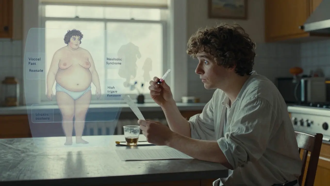 A person staring at a blood test as metabolic syndrome elements hover around them like ghosts.