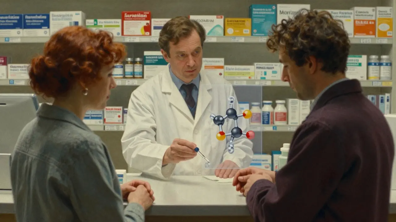 A pharmacist gives a biosimilar injection to a cancer patient, with molecular structures glowing beside them in a hospital setting.