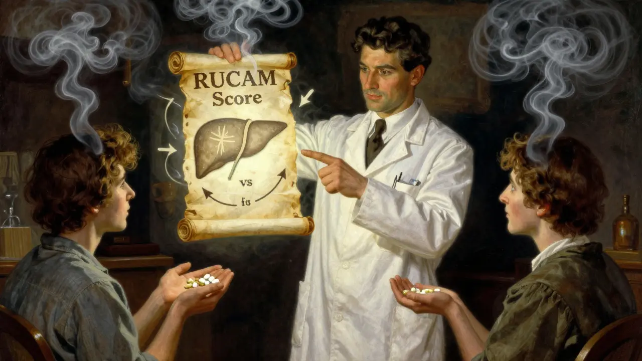 A pharmacist holding a glowing scroll of liver safety scores, protecting two patients from dangerous drugs.