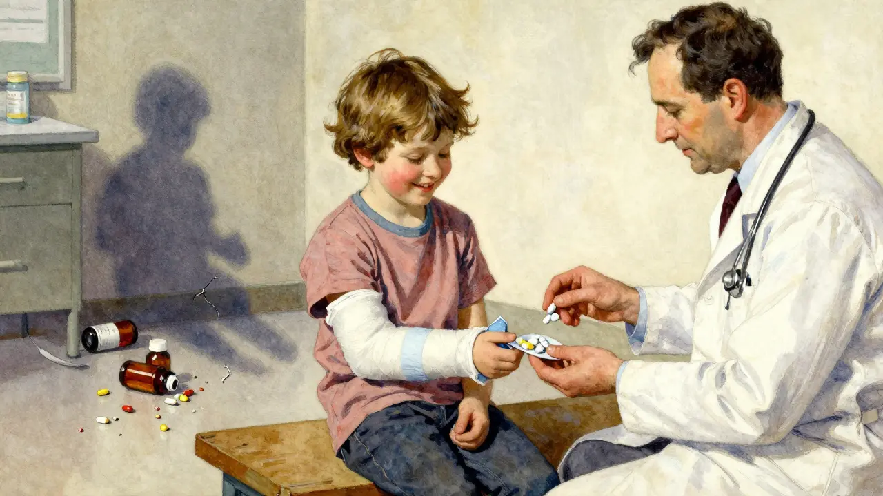 A smiling child with an ice pack receives safe pain medication, while opioid bottles lie broken behind them in a clinic setting.