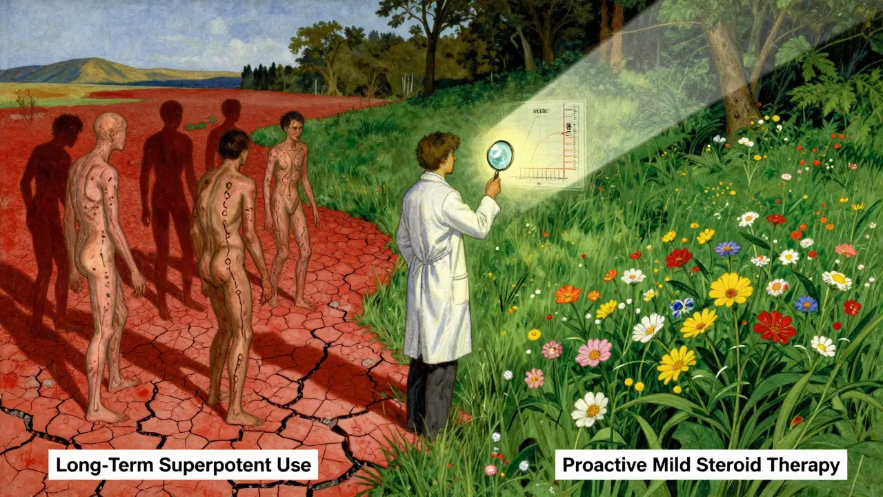 A split landscape shows damaged skin versus healthy skin, with a doctor holding a glowing potency chart between them.