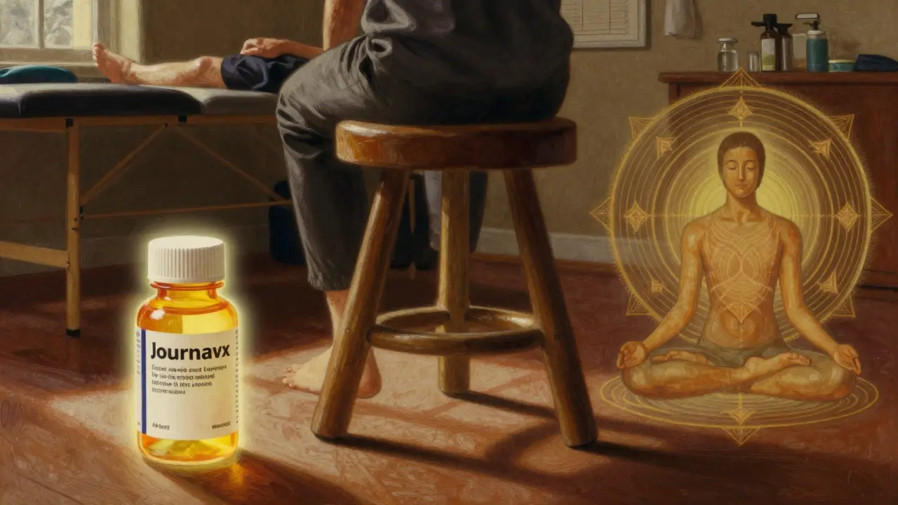 A symbolic three-legged stool representing medication, movement, and mindset in holistic pain management under dramatic lighting.