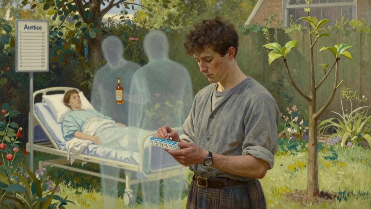 A transplant patient in a sunlit garden holding medication, with fading memories of illness behind them.
