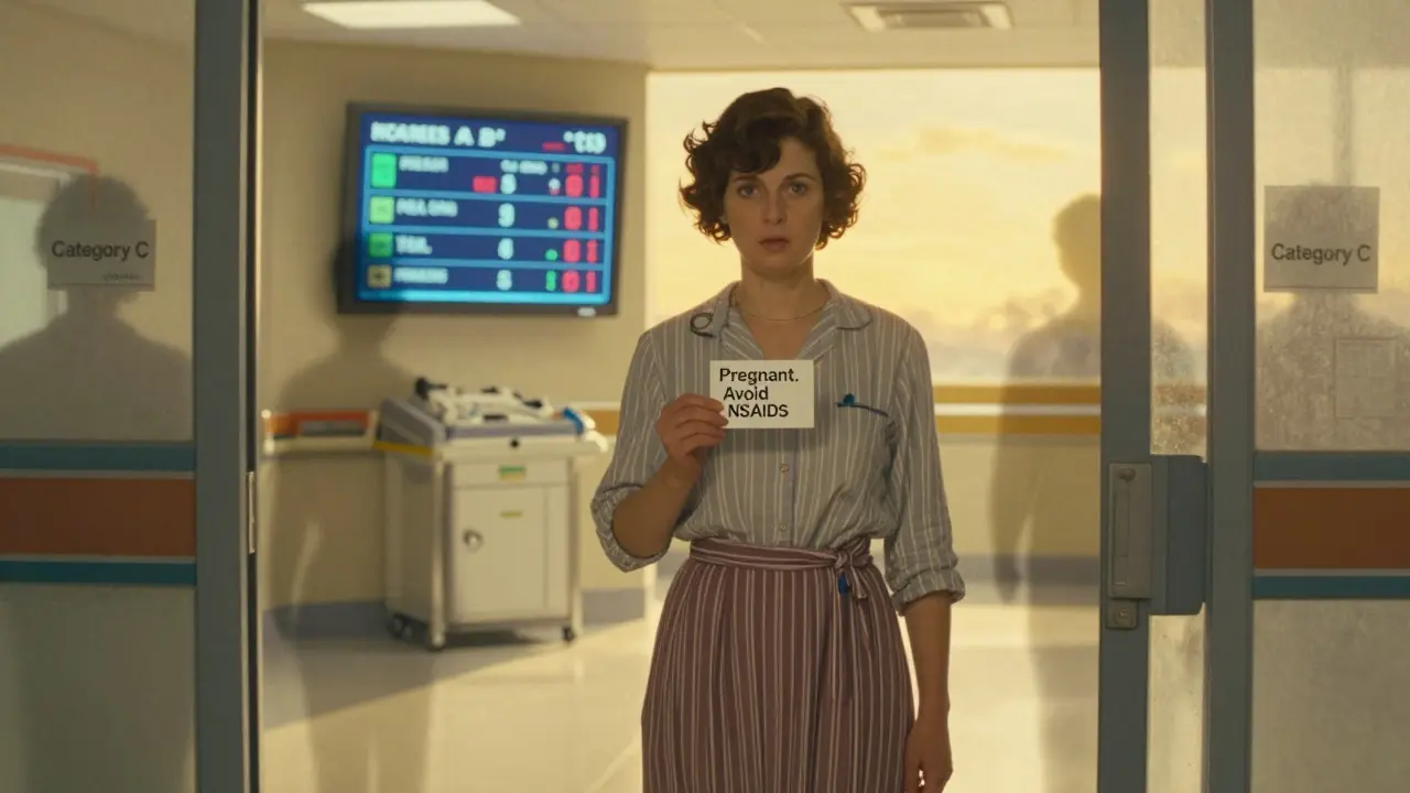 A woman holds a pregnancy safety card as outdated drug labels fade behind her in a hospital entrance at sunrise.