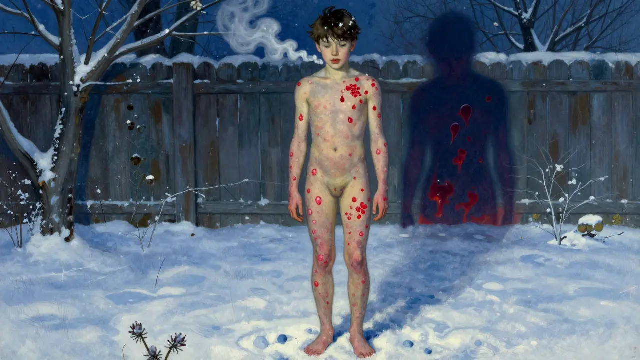 A young adult with teardrop psoriasis lesions in snowy yard, shadowy bacteria nearby.