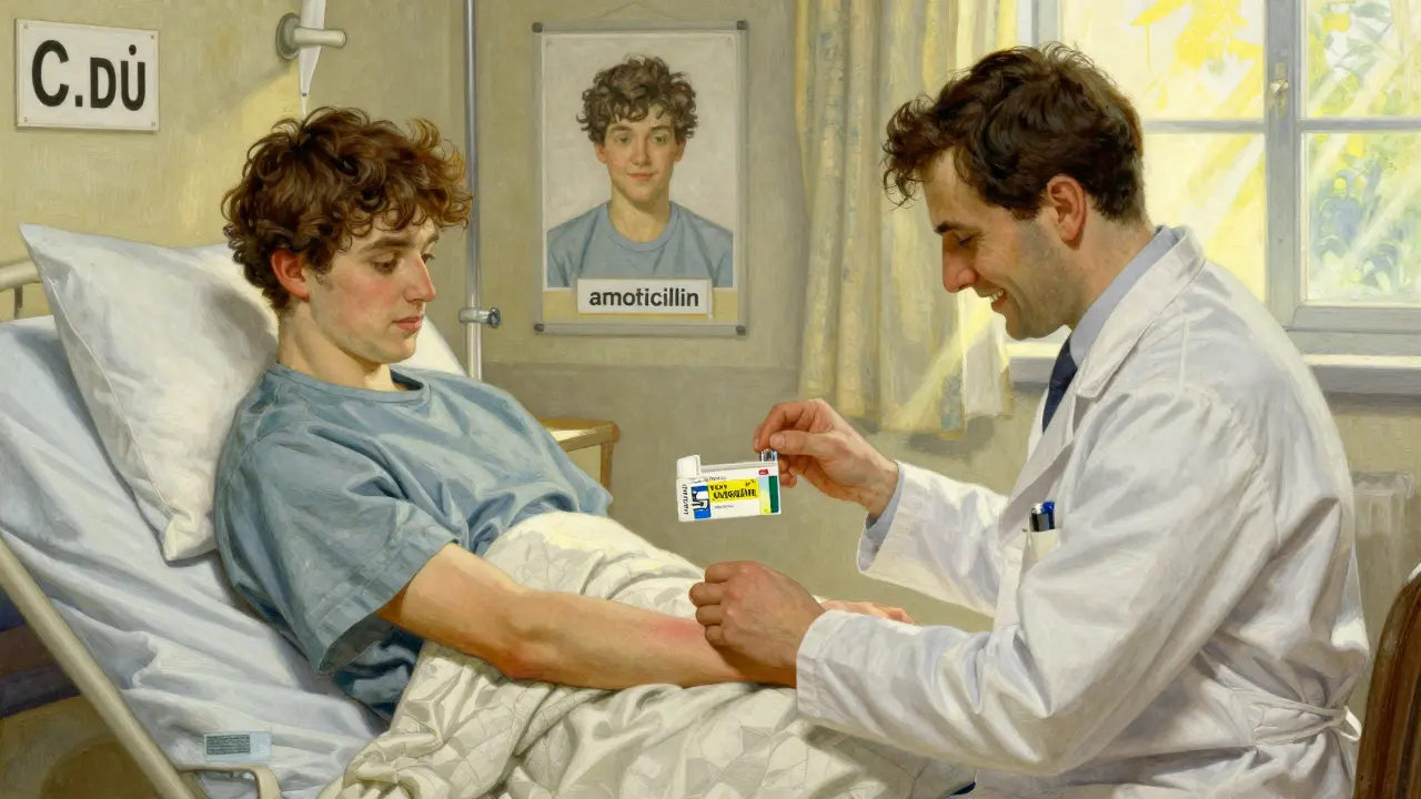 An allergist performs a skin test while two futures unfold behind: one sick, one healthy, bathed in sunlight.