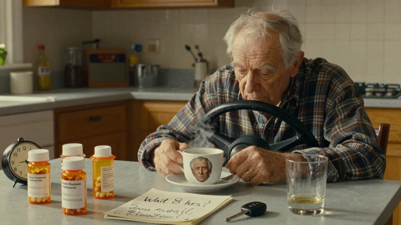 An elderly man at a kitchen table surrounded by pill bottles, his reflection showing him driving while drowsy.