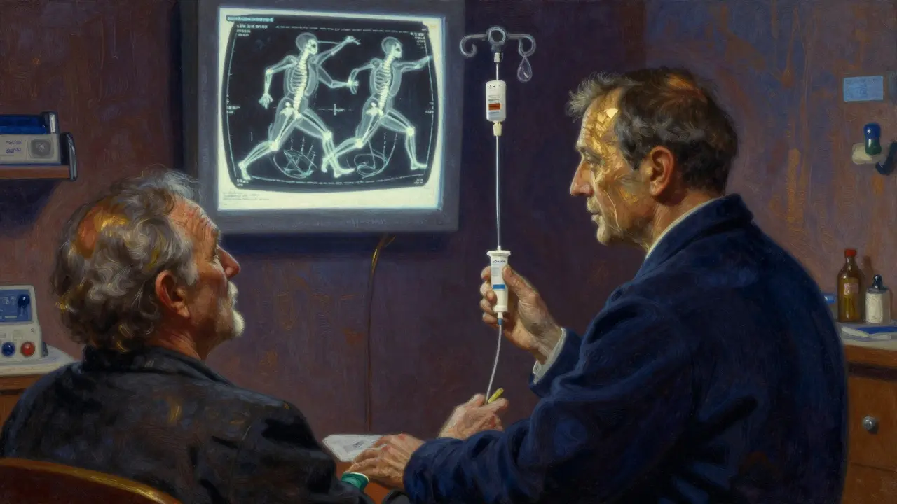 An elderly patient receiving a yearly IV infusion for bone protection, with a bone scan glowing on the wall.