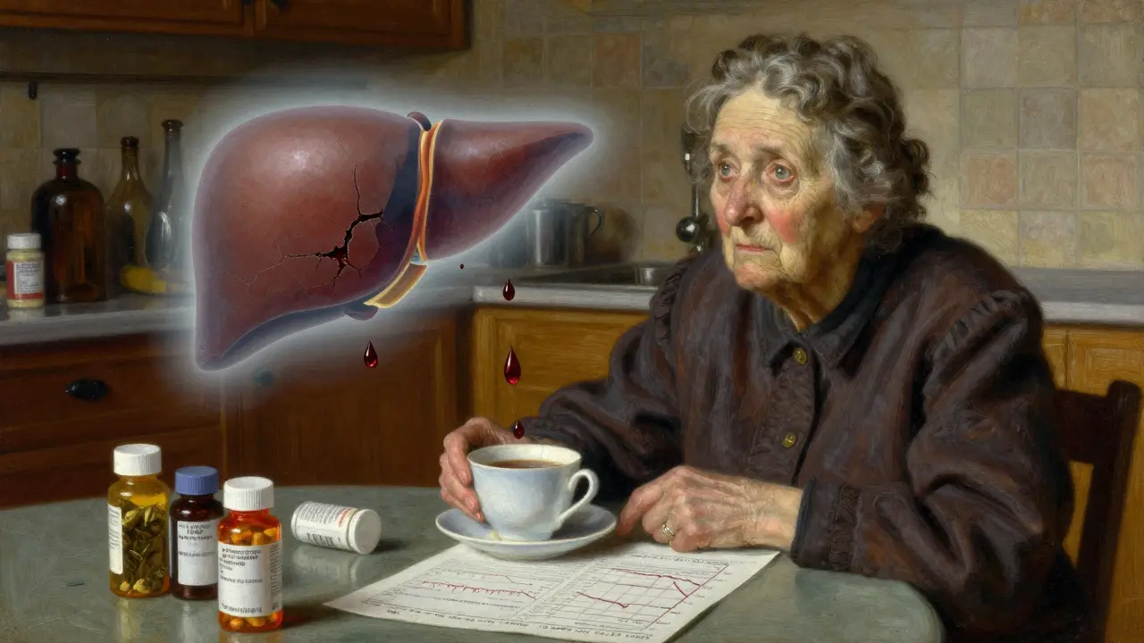 An elderly woman at a kitchen table with pill bottles and a blood test report, a ghostly damaged liver behind her.