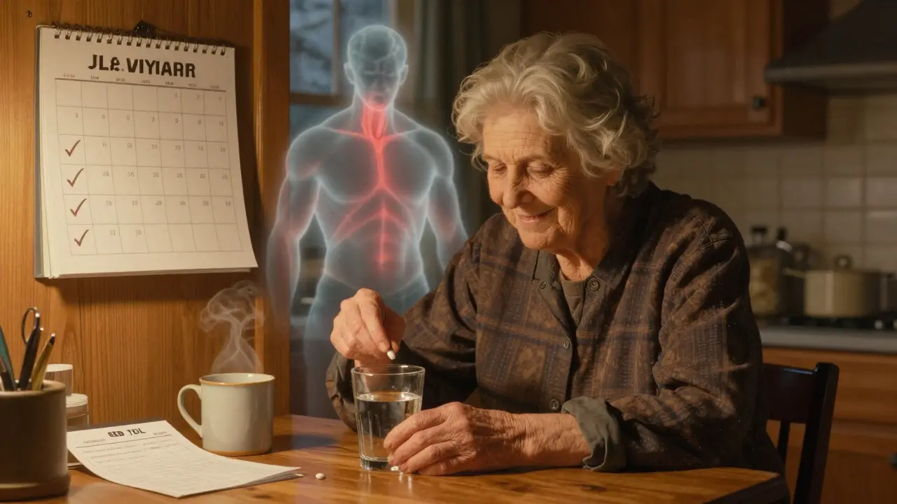 An elderly woman takes her statin pill at dawn, with a marked calendar and healthy blood test nearby.