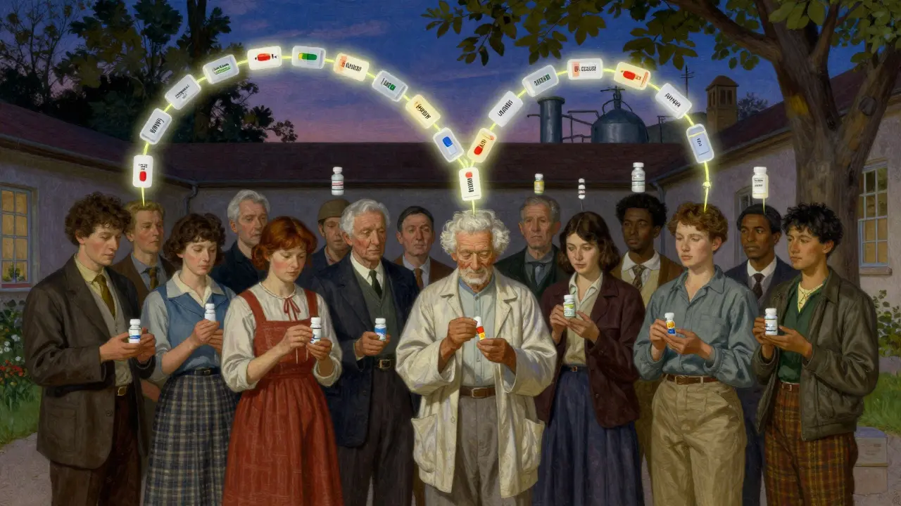 Diverse patients hold generic medications as a glowing blockchain traces their drug's journey through sunlight and shadow.