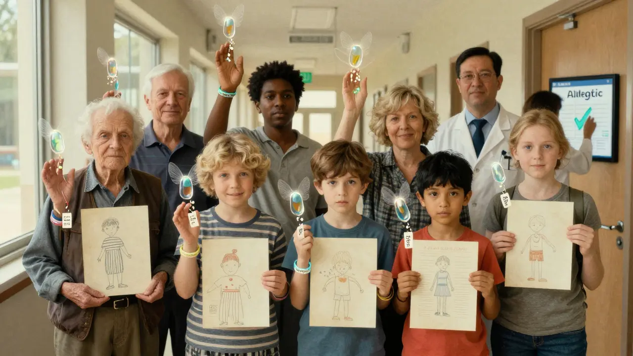 Diverse patients release penicillin molecules that dissolve their old allergy labels, symbolizing freedom and clarity.