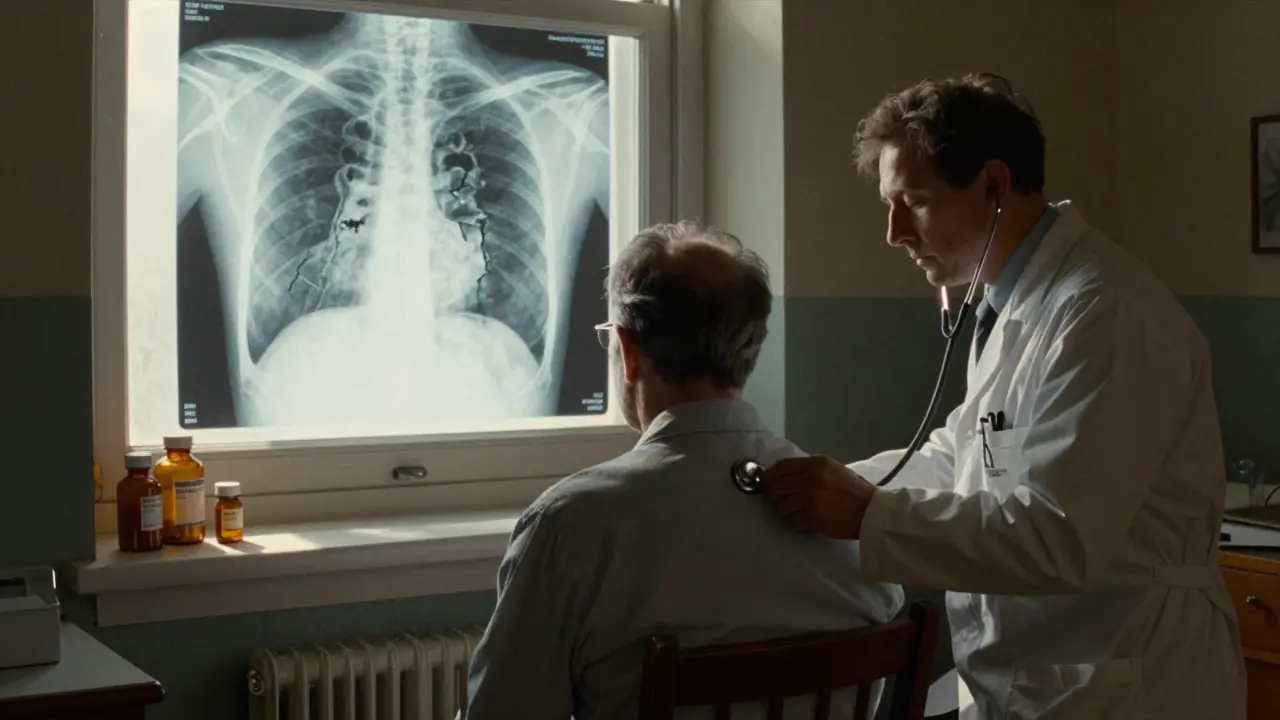 Doctor using stethoscope as X-ray shows healthy vs. scarred lungs, pill bottles on sill.
