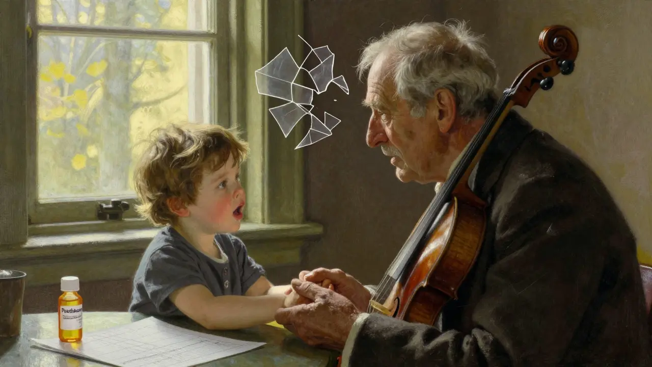 Elderly man holds child's hand, broken sound strings float around him, audiogram on table.