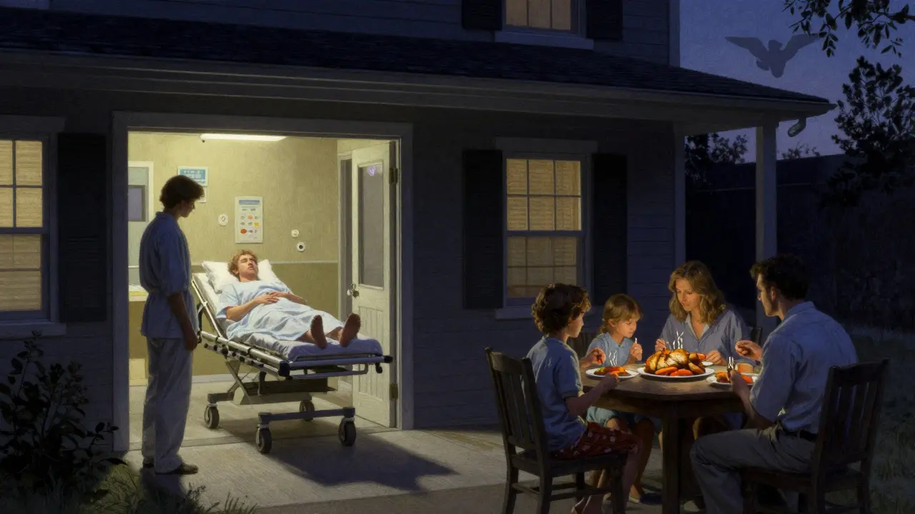 ER scene at dusk with patient being wheeled in, family eating safely on porch.