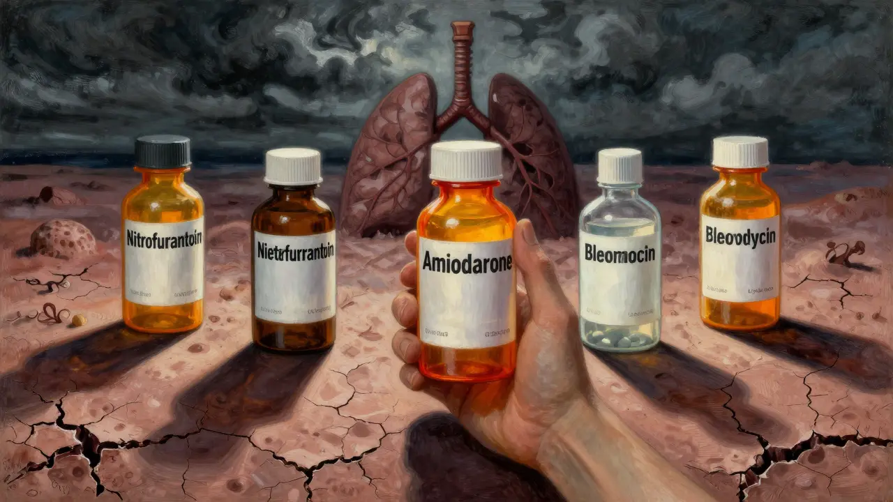 Five medication bottles casting shadows over cracked lung landscape, hand reaching out.