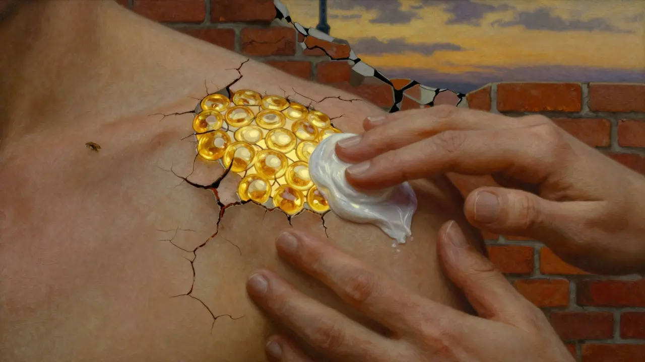 Hand applying moisturizer as skin barrier mends like stained glass, with healing symbolism.