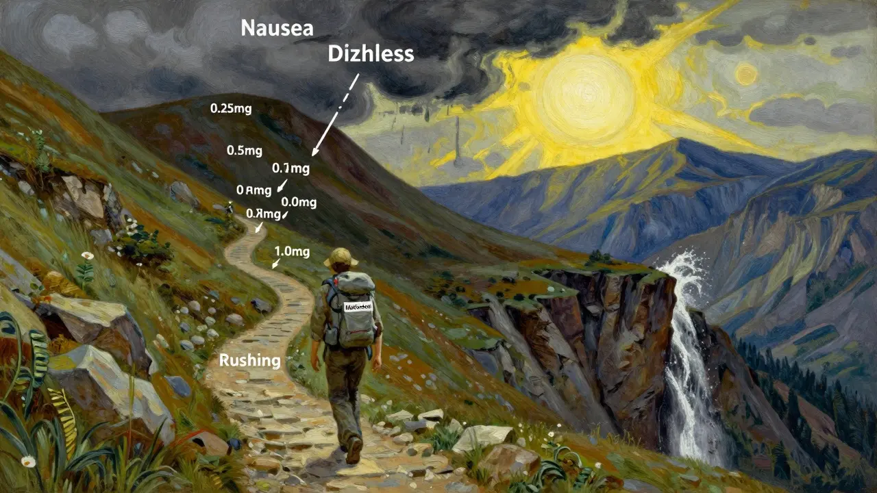 Hiker ascending mountain trail marked with medication doses, storm clouds fading into sunshine