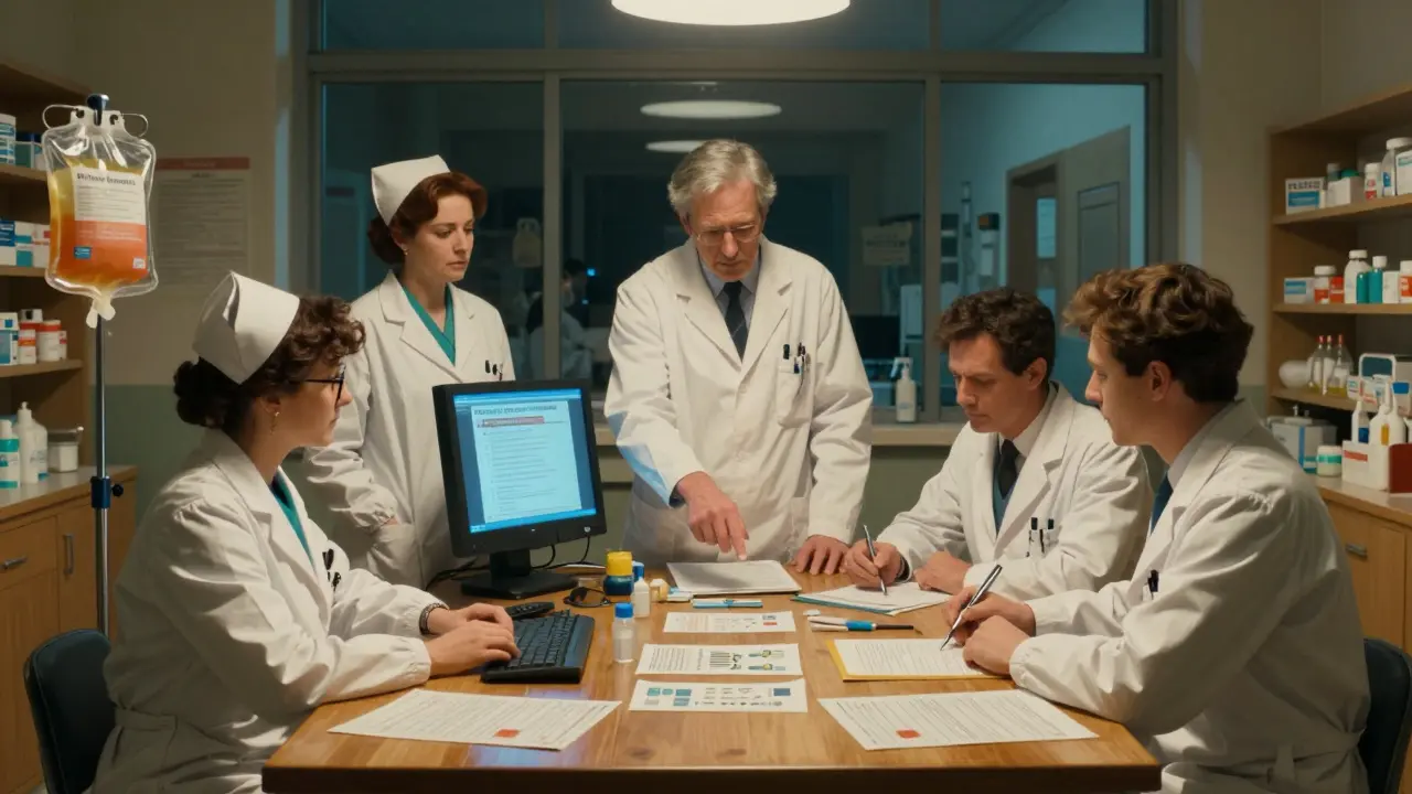 Hospital team reviewing clinical protocols around a table with IV bags and electronic records.