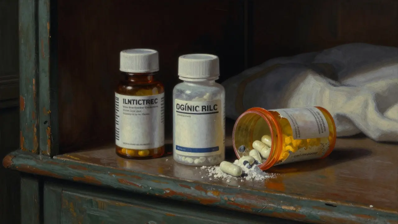 Medicine cabinet with three pill bottles, one cracked open showing mold and crystals, moonlight illuminating scene.