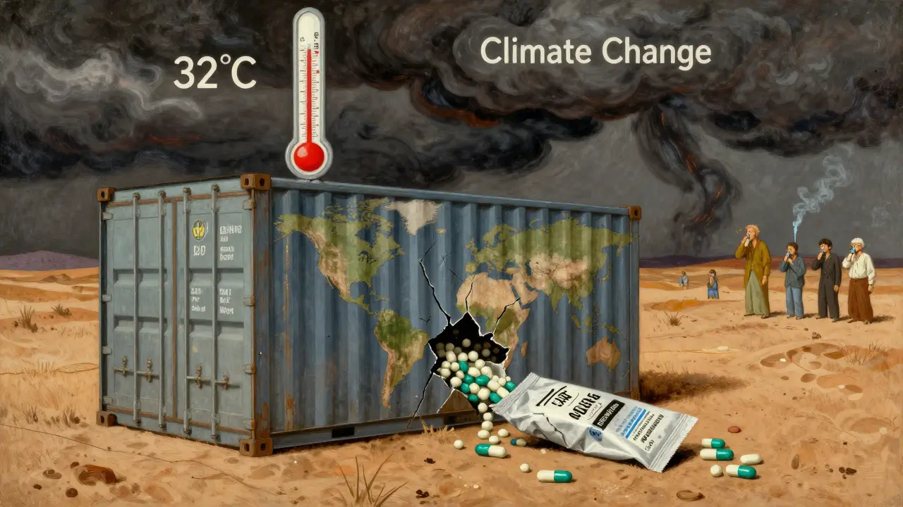 Shipping container spilling pills into desert heat, thermometer rising, patients in distance, climate change cloud above.