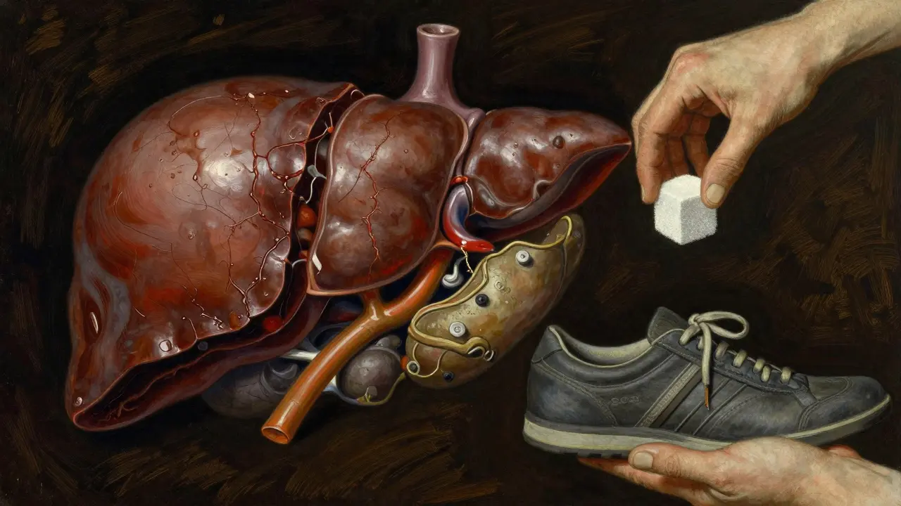 Split illustration of a damaged liver versus a healed one, with lifestyle symbols of diet and walking.