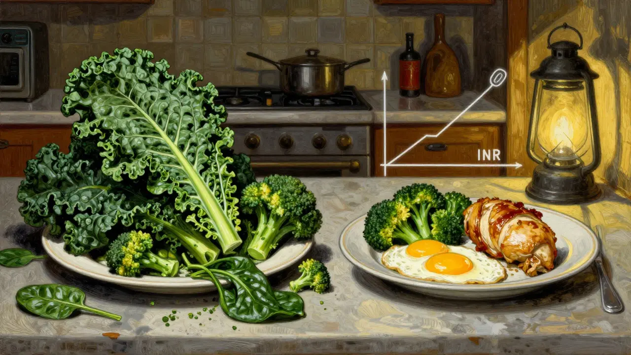 Split kitchen scene showing chaotic vs. balanced vitamin K meals with a floating INR graph.