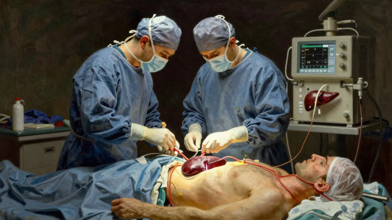 Surgeons performing a liver transplant with a perfusion machine keeping the donor organ alive.