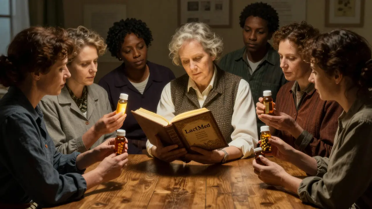 Women and a pharmacist review medication safety using a large open book labeled LactMed at a community table.
