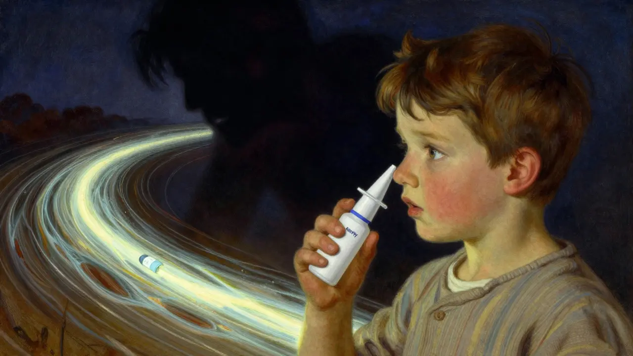 A child holding a nasal anaphylaxis spray as a dark shadow looms, illustrated in warm and deep tones.