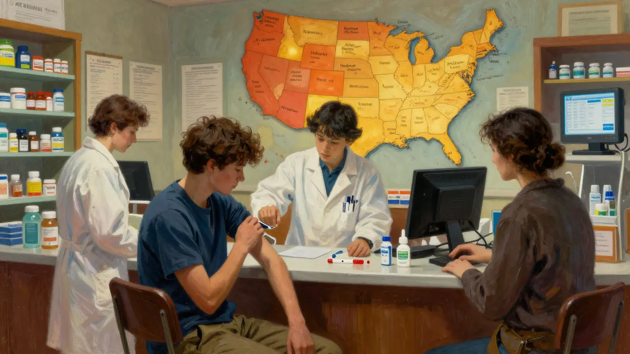 A community pharmacist giving a flu shot while another dispenses naloxone, with a map of U.S. states showing expanded authority on the wall.