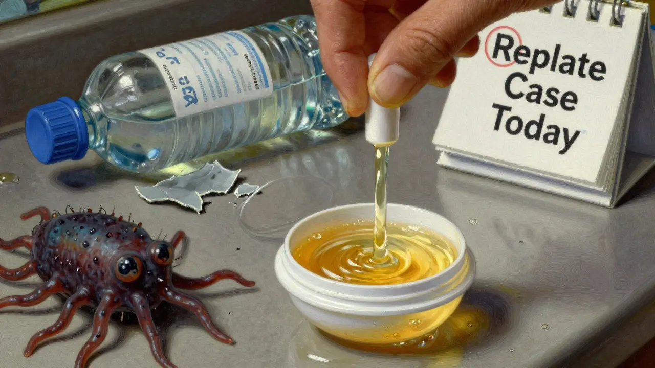 A contact lens case being rinsed with disinfecting solution as a harmful microbe recoils, with a broken tap water bottle nearby.