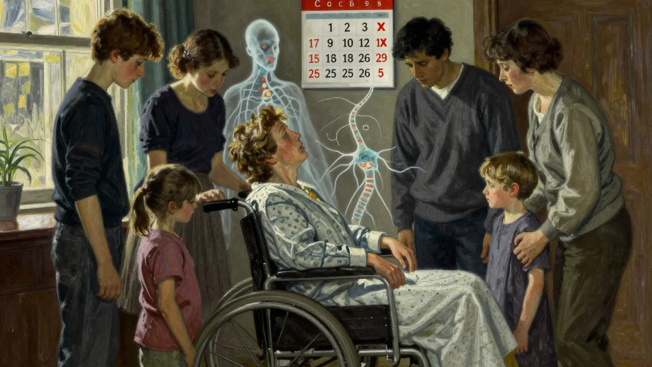 A family beside a wheelchair-bound patient, with ghostly neurons fading away, symbolizing disease progression.