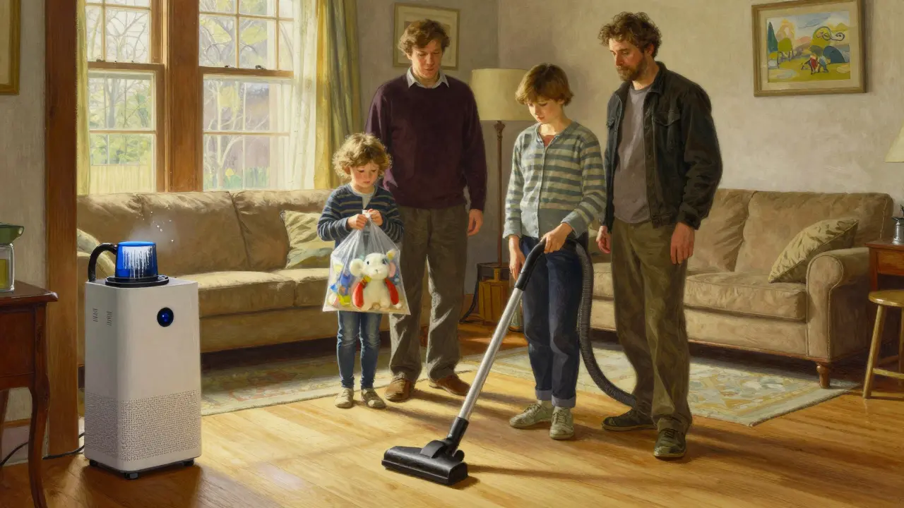 A family uses a HEPA vacuum and frozen toy to reduce allergens in a clean, carpet-free living room with a dehumidifier.
