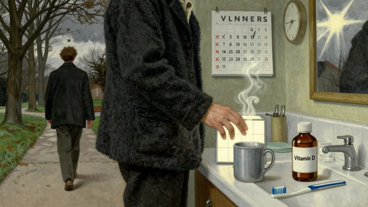 A panoramic scene shows a person walking, using a light box, and placing a vitamin D bottle beside a toothbrush—symbols of daily routine.