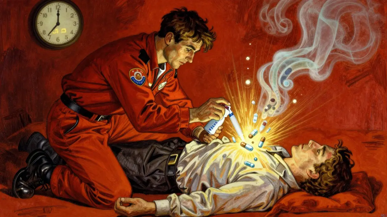 A paramedic administering a nasal overdose reversal spray with golden light radiating from the device.