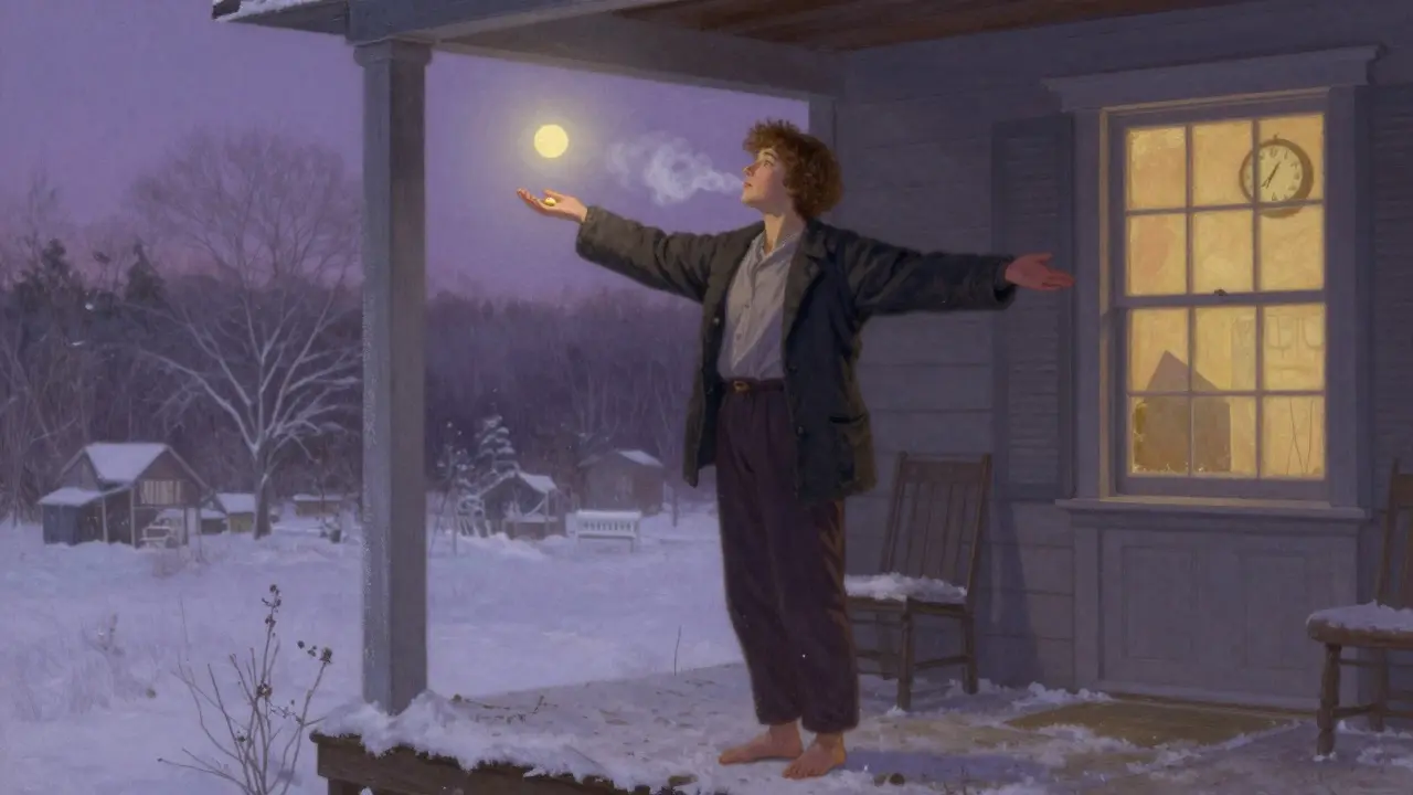 A person stands on a snowy porch at dawn, holding a vitamin D pill as they face the pale winter sun.