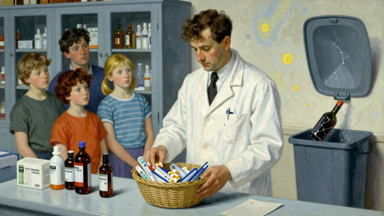 A pharmacist accepting expired medications from a family, with a mural showing proper storage.