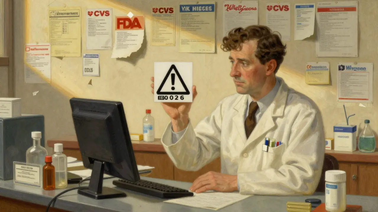 A pharmacist holds a new standardized warning icon as outdated labels crumble behind him.