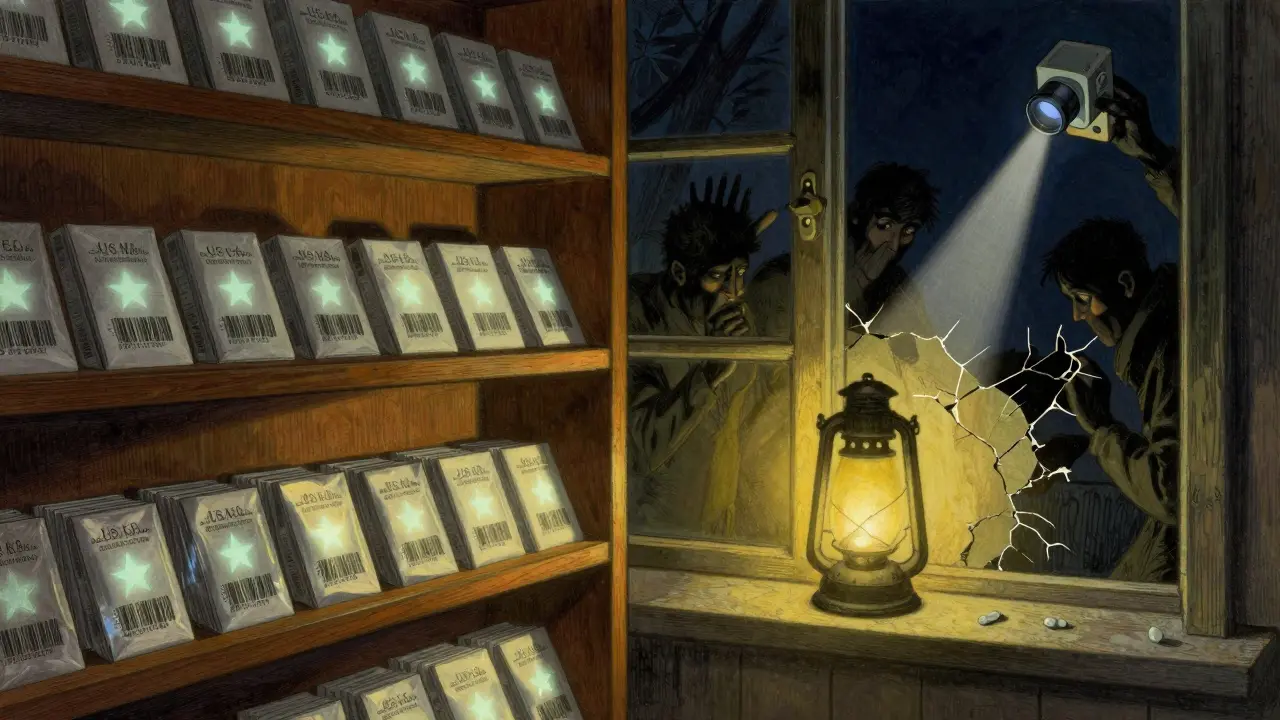 A pharmacy shelf glows with uniquely barcoded pill packages, while shadowy counterfeiters are halted by a scanning light.