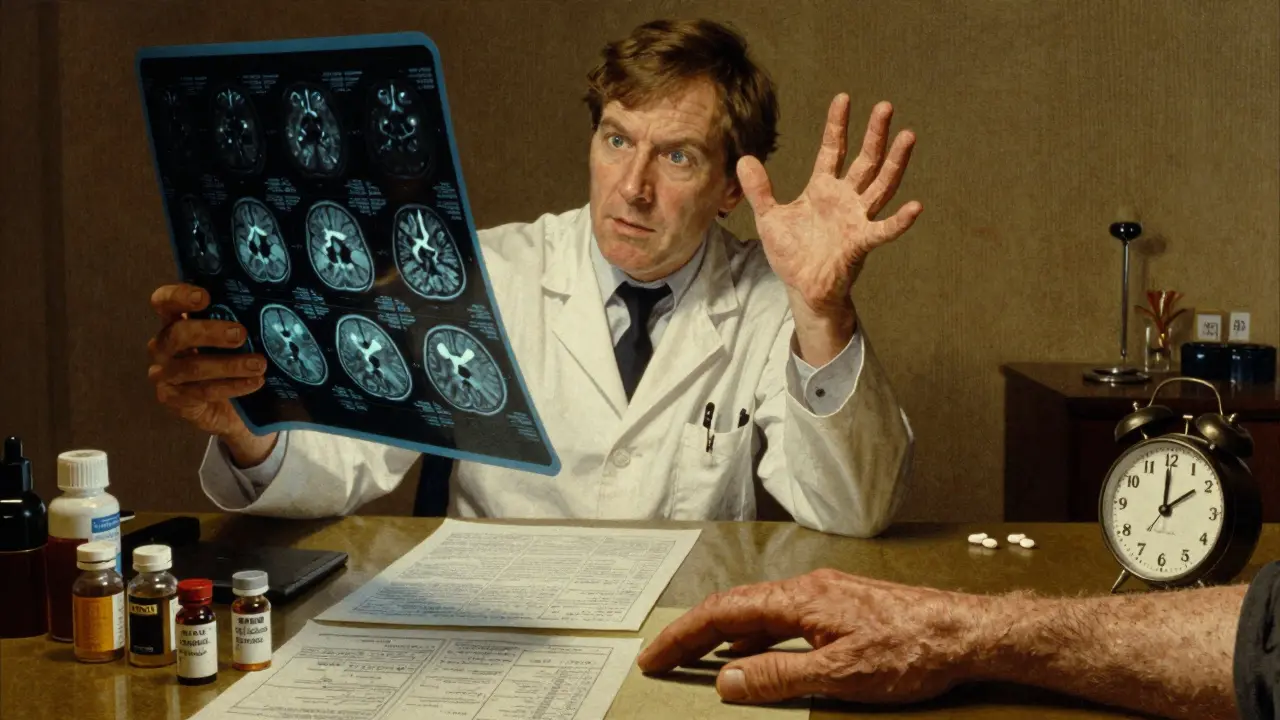 An MRI showing the 'hot cross bun' sign next to a trembling hand, contrasting MSA-P with Parkinson’s.