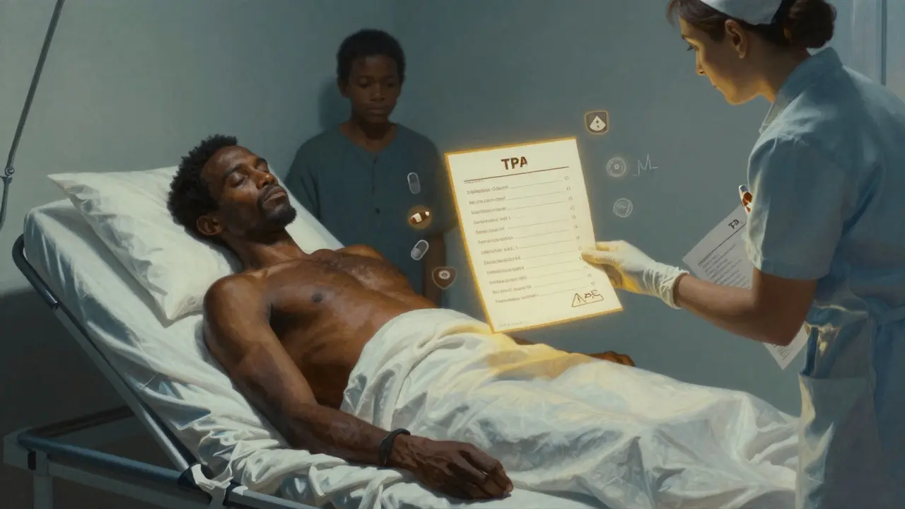 An unconscious man in an ER is aided by a nurse holding his multilingual medication list, with family presence implied.