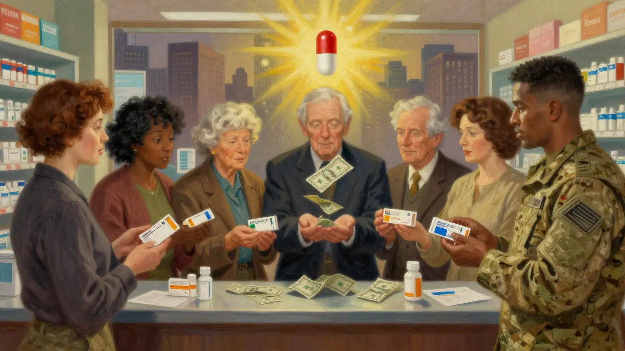 Diverse patients receive savings as a glowing combination pill transforms into dollar bills, set in a richly textured pharmacy scene.
