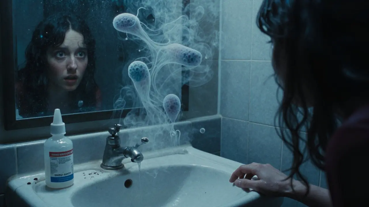 Expired eye drops dripping as ghostly bacteria rise from the bottle in a steamy bathroom.
