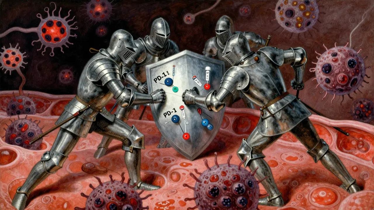 Immune cells attacking melanoma in blood vessels with PD-1 inhibitors as shield